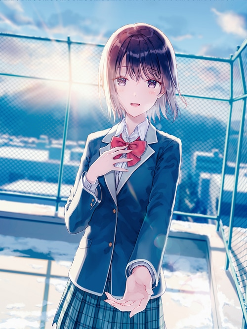 Schoolgirl in uniform with red bow and plaid skirt