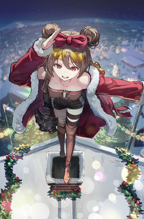 P90 from Girls Frontline in Christmas outfit on a rooftop