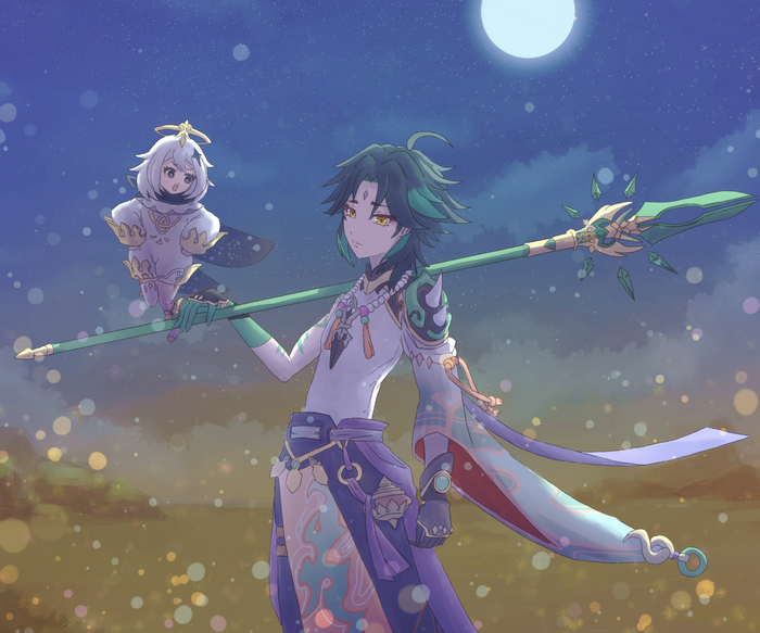 Xiao and Paimon from Genshin Impact with a spear