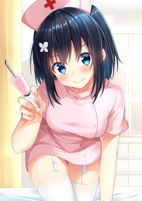 Nurse with syringe and pink outfit
