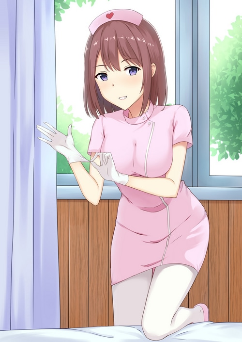 Nurse putting on gloves in a room