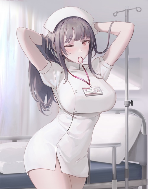 Nurse with arms up in a hospital room