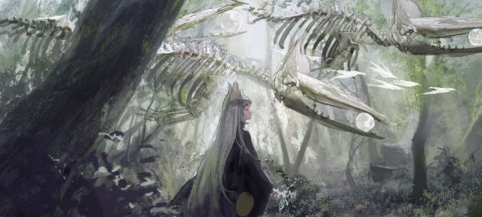 4K skeleton in a forest with a girl