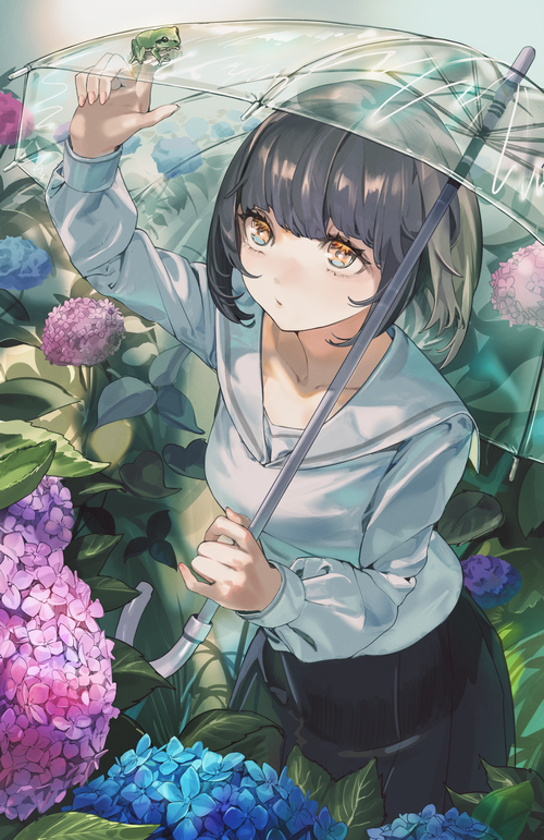 Girl with umbrella and frog among hydrangeas
