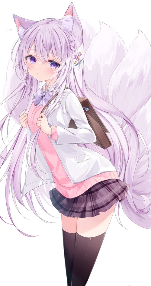 Anime fox girl in school uniform with purple hair and eyes