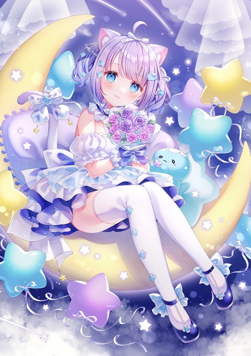 Cat girl with flowers sitting on a crescent moon
