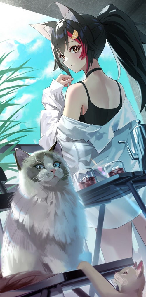 Anime girl with fox ears and cats outdoors