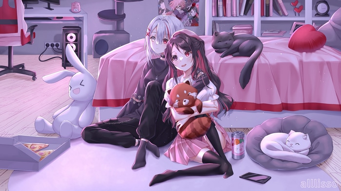 Anime girls with cats and pizza in a room