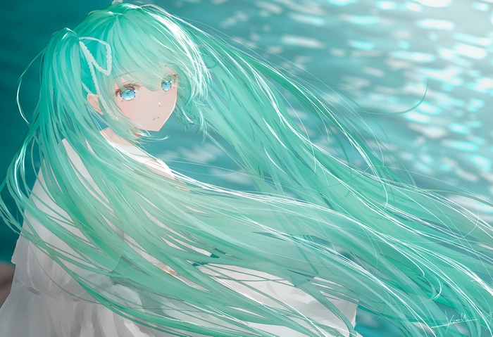 Hatsune Miku with long turquoise hair and blue eyes