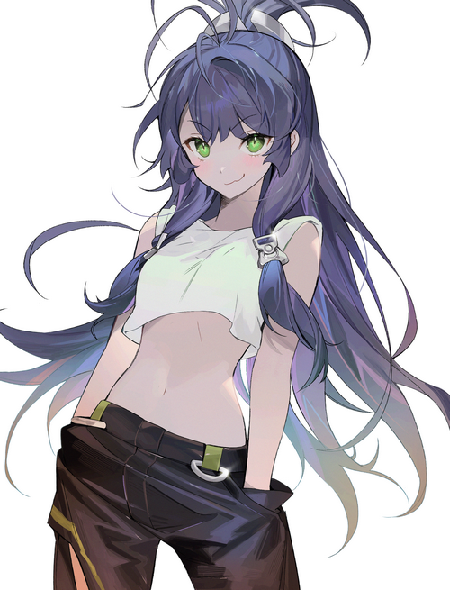 Anime girl with purple hair and green eyes