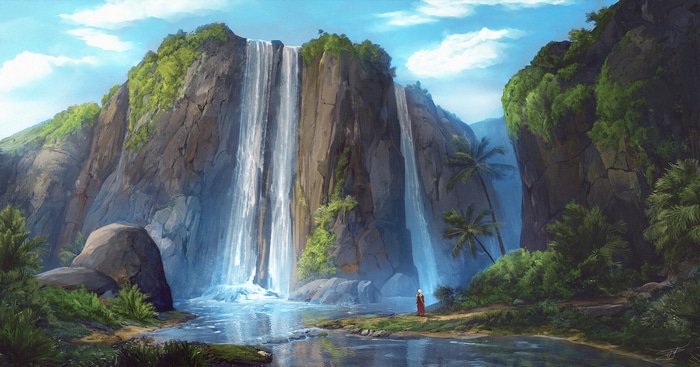 Digital art of a tropical waterfall landscape with foliage