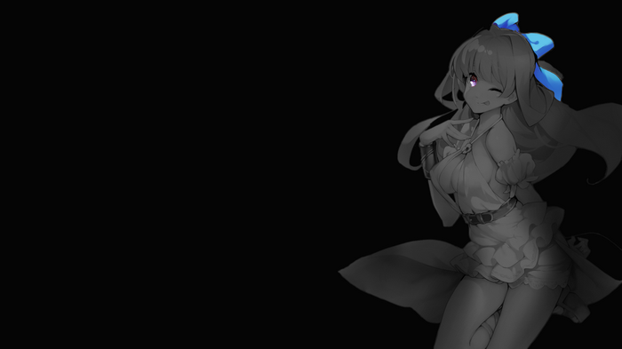 Anime girl with blue bow and purple eyes