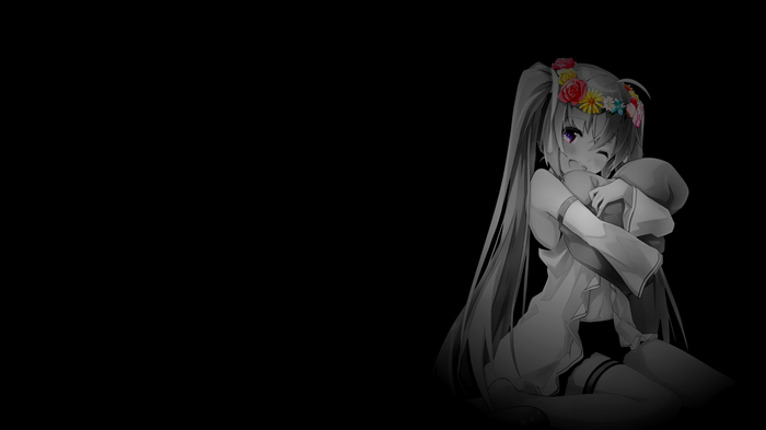 Anime girl with flower crown hugging a plush toy