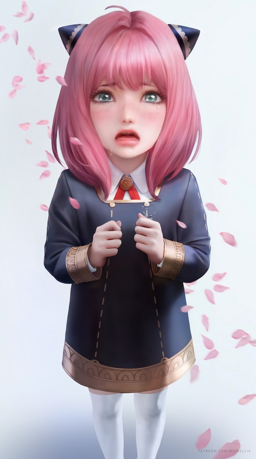 Anya Forger crying amidst falling cherry blossoms