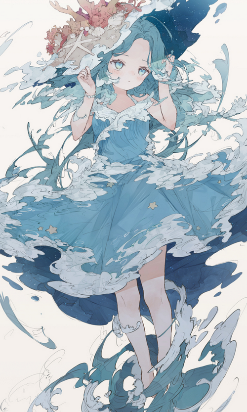 Girl with a coral hat and flowing blue dress