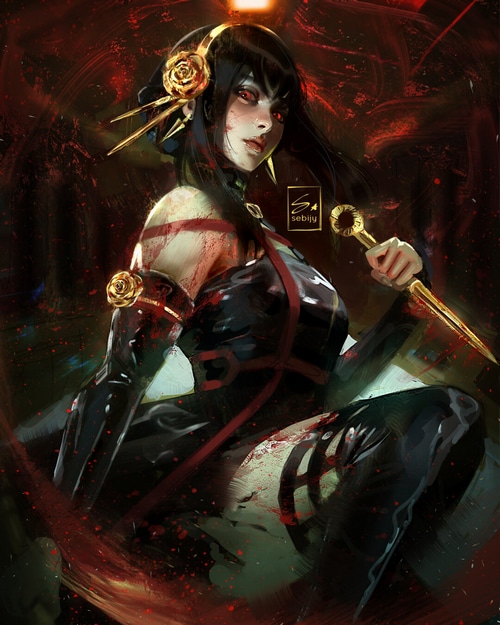 Yor Forger with a dagger covered in blood