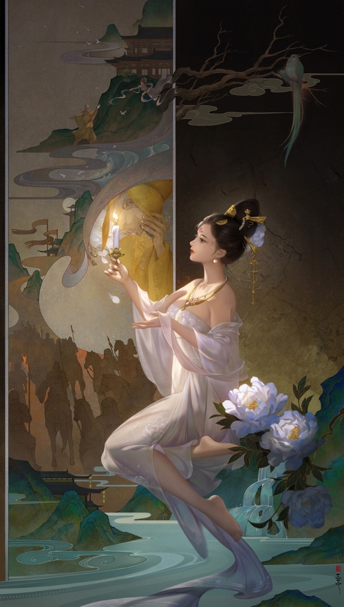 Fantasy art of a woman holding a candle