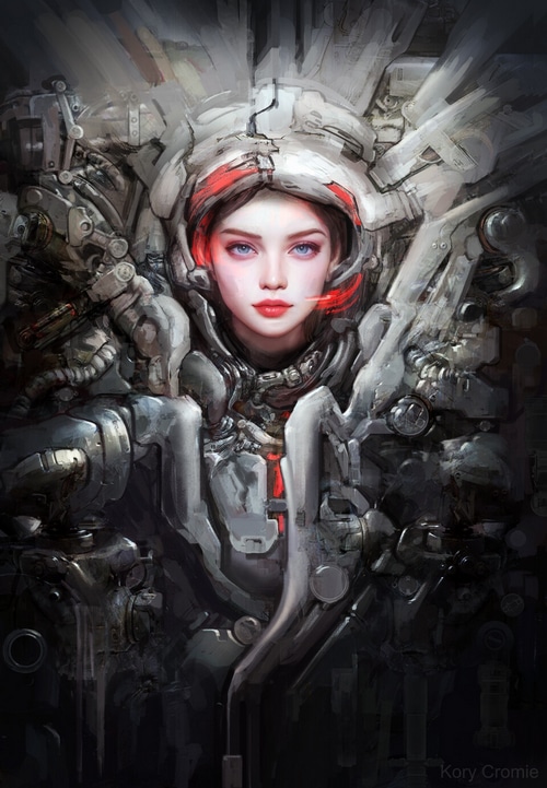 Woman in a futuristic mechanical suit