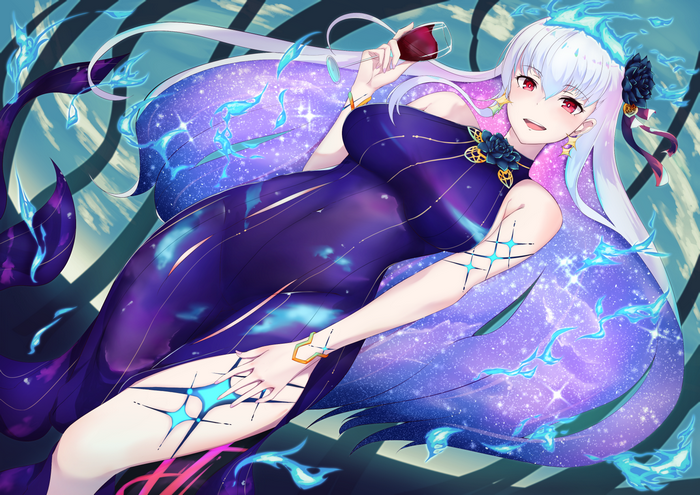 Kama from Fate/Grand Order holding wine
