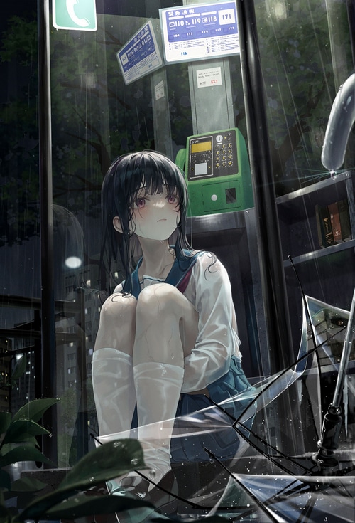 Girl in school uniform in the rain at a payphone