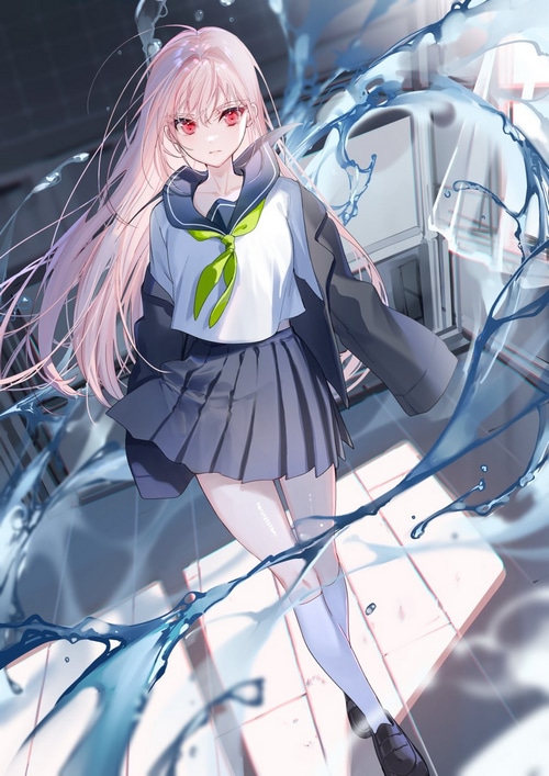 Schoolgirl with pink hair and red eyes surrounded by water