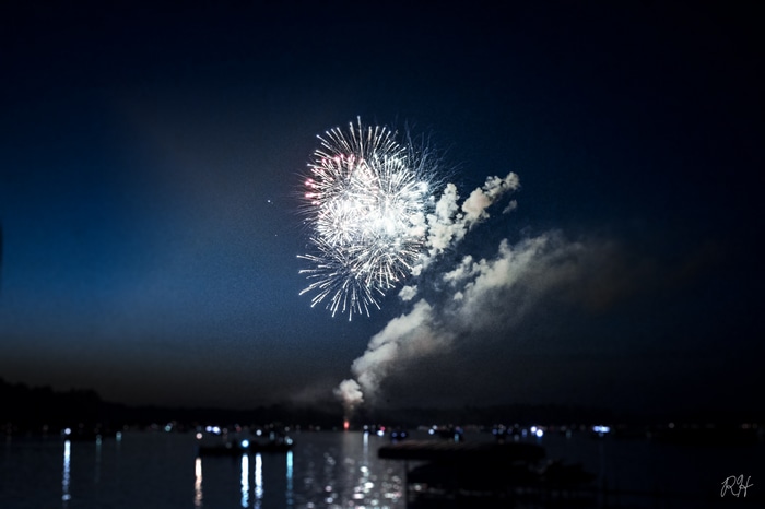Fireworks over Lake Michigan at night