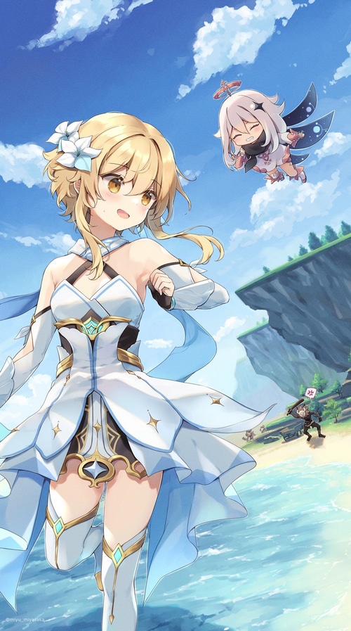 Lumine and Paimon from Genshin Impact on a beach