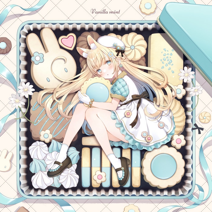 Anime Girl with Animal Ears in a Box of Sweets