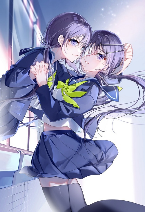 Two schoolgirls in uniform with purple hair