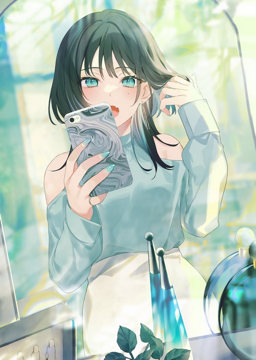 Girl with blue eyes taking a selfie with a phone