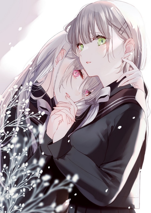 Two schoolgirls in uniform, one with red eyes