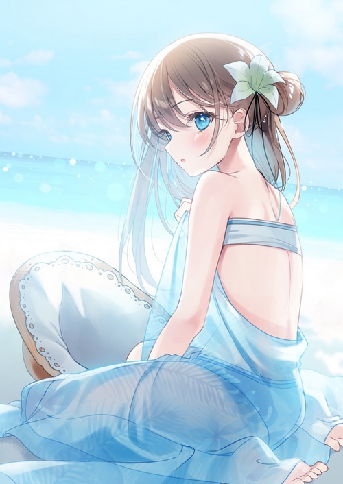 Atsumaru girl with blue eyes on the beach
