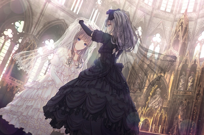 Two anime girls in gothic dresses in a church