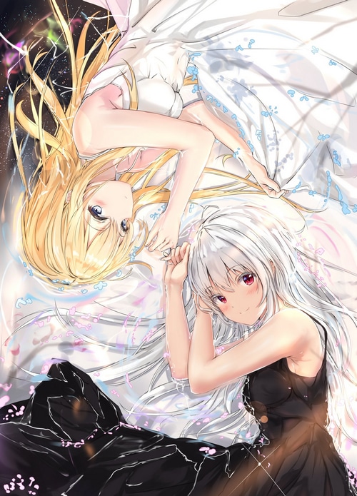 Two anime girls in white and black dresses