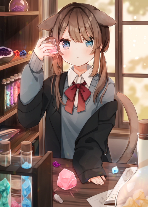 Cat girl in a lab with potions and crystals