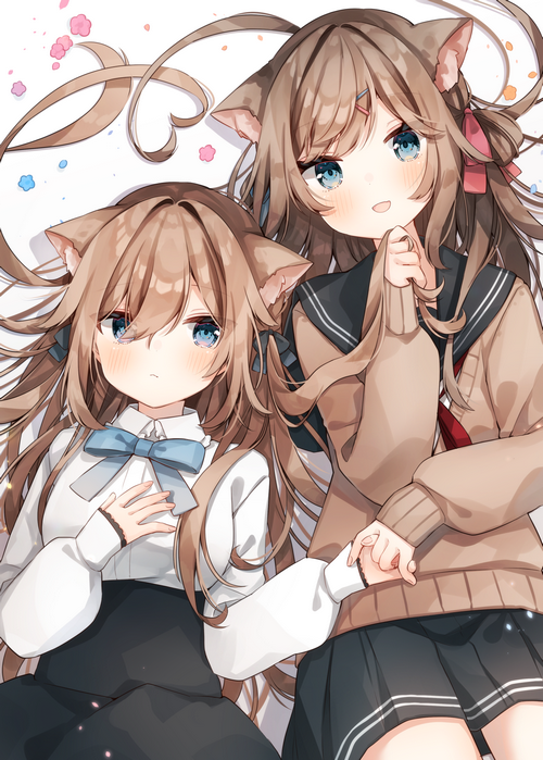 Two cat girls with blue eyes in school uniforms