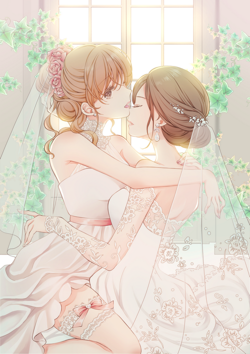 Two women in wedding dresses sharing a tender moment