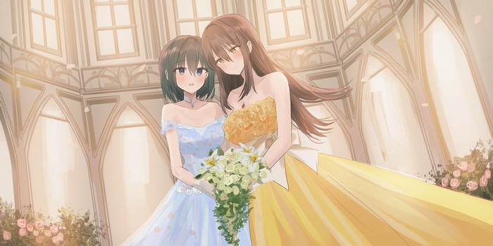 Two women in wedding dresses holding flowers