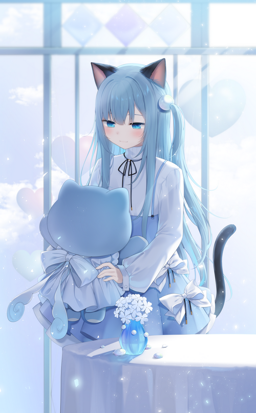 Cat girl holding a blue plush toy with flowers