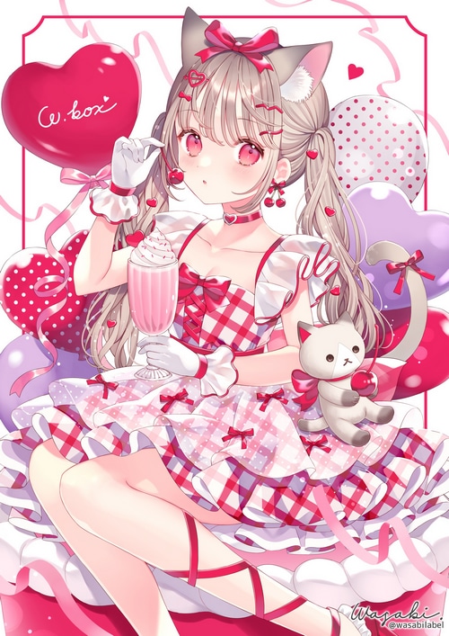 Cat girl with cherries and milkshake