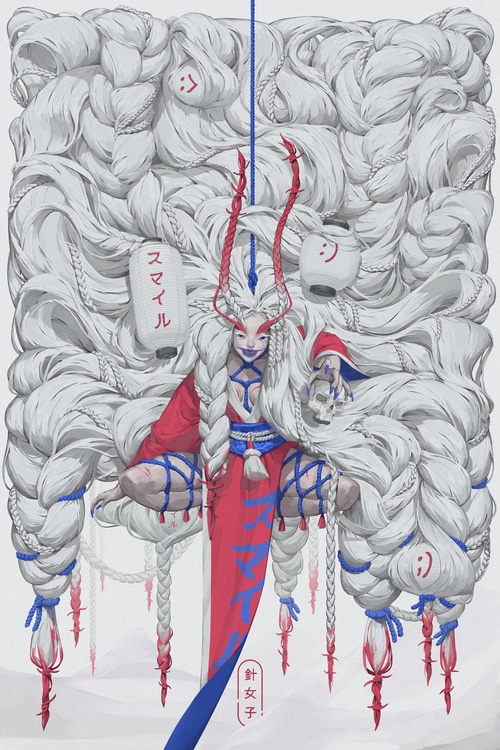 Fantasy girl with white hair and red kimono