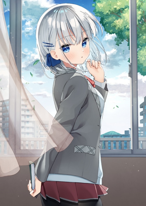 Anime girl with silver hair and blue eyes in school uniform