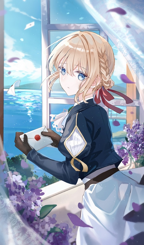 Violet Evergarden holding a letter by the window
