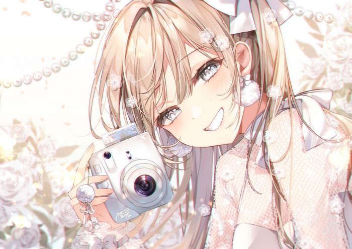 Anime girl with blonde hair holding a camera