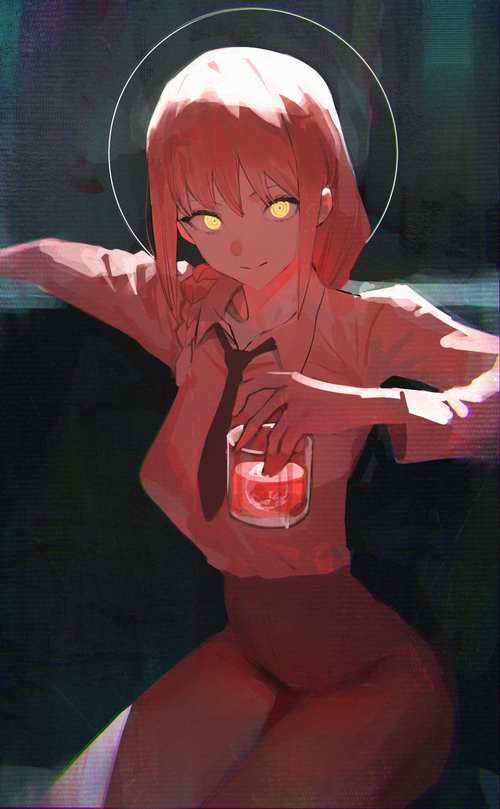 Makima from Chainsaw Man holding a drink