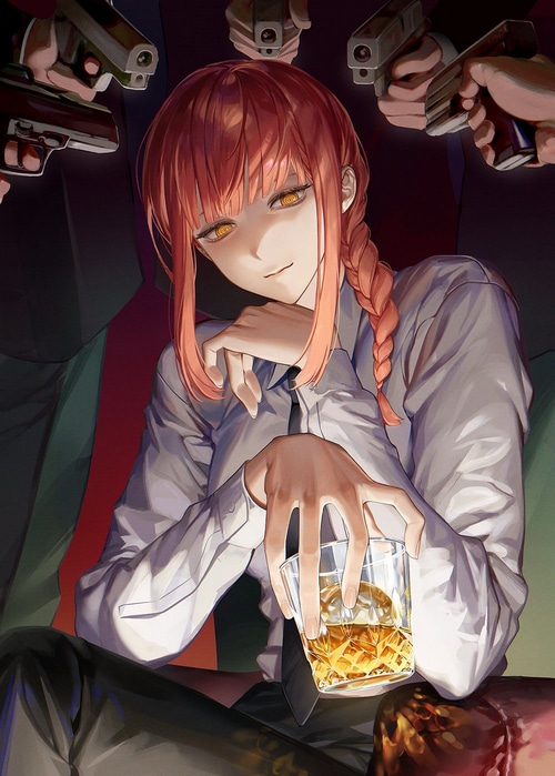 Makima from Chainsaw Man holding a drink