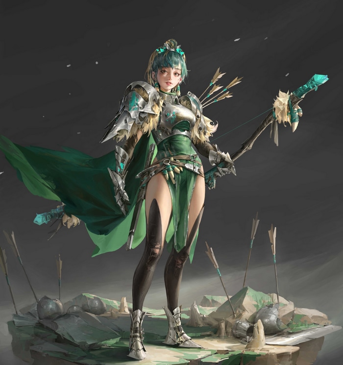 Fantasy Archer in Green Armor with Bow and Arrows