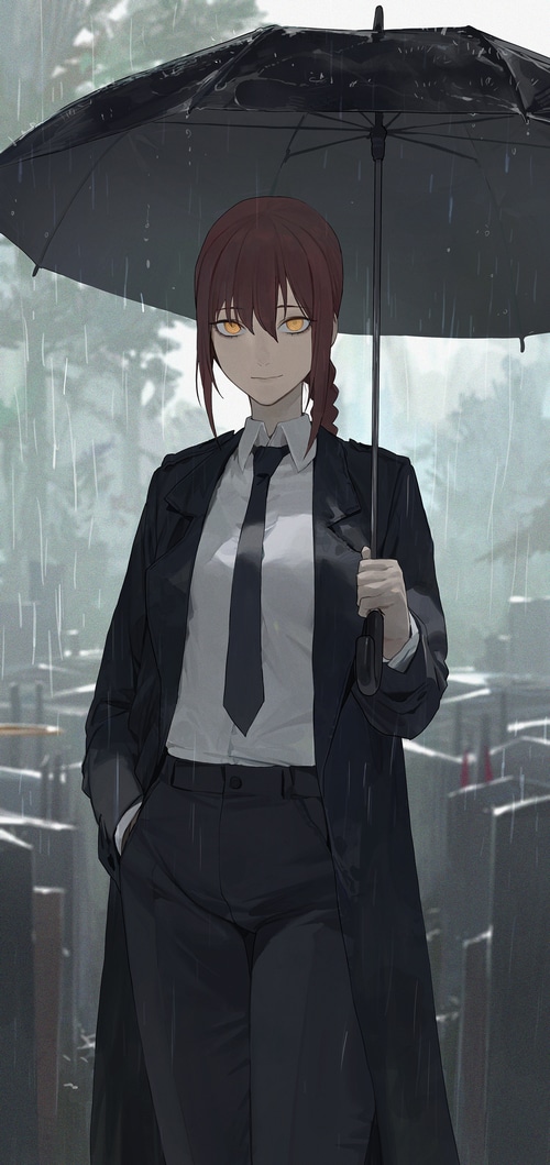 Makima from Chainsaw Man holding an umbrella in the rain