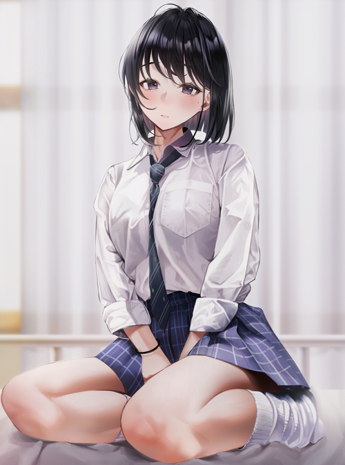 Anime schoolgirl with dark hair and plaid skirt