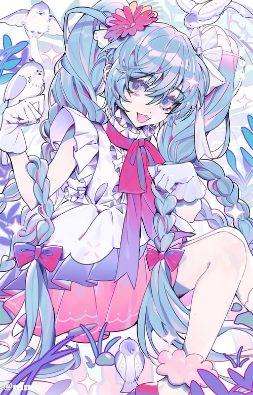 Hatsune Miku with blue hair and birds